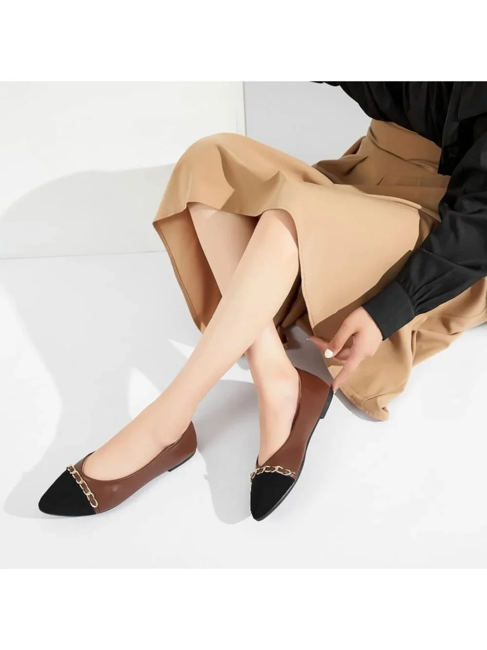 Women's Brown Crimping Suede Ballet Flats Pointed Toe Comfortable Dress Shoes